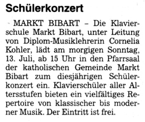 Klavierschule Markt Bibart - Fränkische Landeszeitung 12. Juli 2014