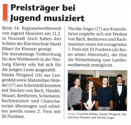 Klavierschule Markt Bibart - Presseartikel Jugend musiziert 2017
